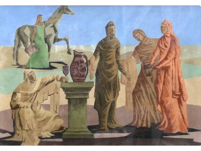 Clóvis Graciano guache sobre cartão  39 x 55 cm intitulada "Figuras" assinada e datada CID 1960 acompanha certificado
