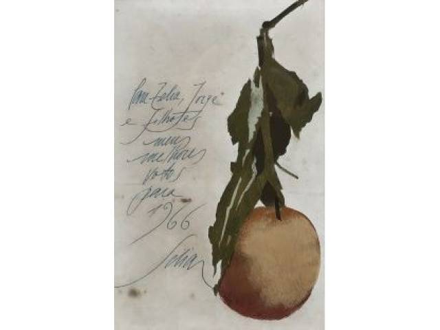 Carlos Scliar desenho 27 x 18 cm "Fruta" assinada  e datada 1966 com dedicatória para Zelia e Jorge Amado