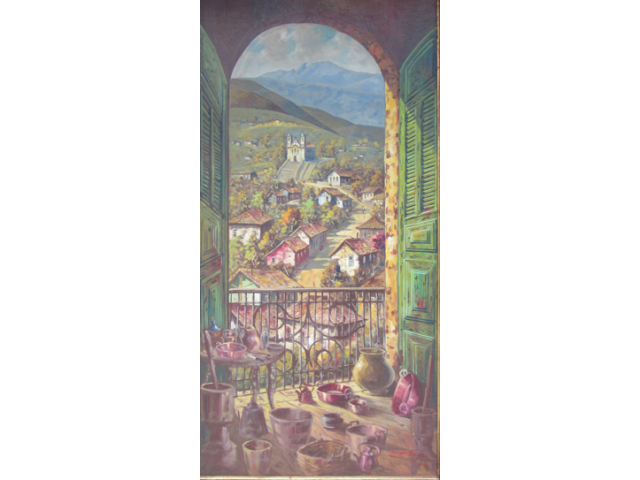 Francisco Cea óleo sobre tela 140 x 70 cm "Colonial Mineiro" ass. CID e verso 1988