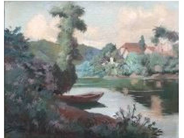 Armando Vianna óleo sobre tela 40 x 32 cm "Beira do Rio" assinada e datada CIE 1955