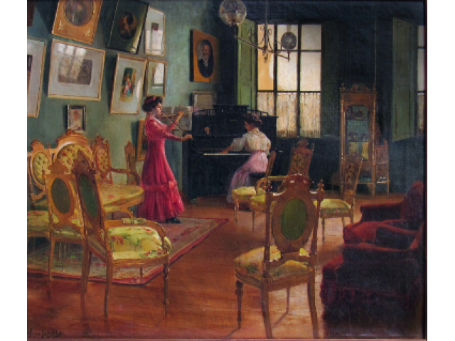 Helena Pereira da Silva Ohashi óleo sobre tela 52 x 62 cm "Cena Palaciana" ass. CID