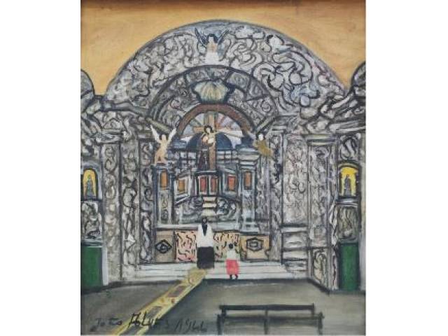 João Alves óleo sobre tela 55 x 46 cm "Interior de Igreja" ass. CIE e verso 1966