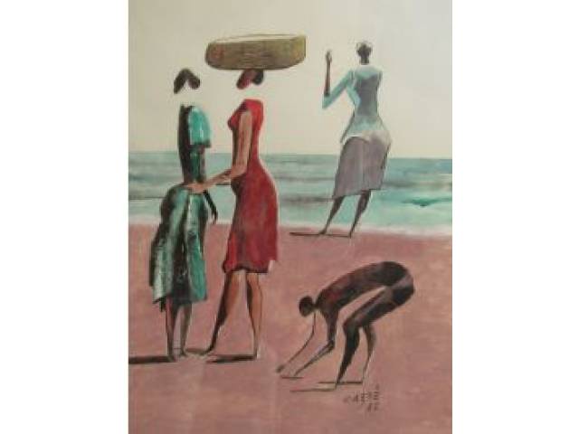 Carybé tecnica mista sobre cartão 30 x 20 "Conversa a beira mar" assinada CID e datada 1982