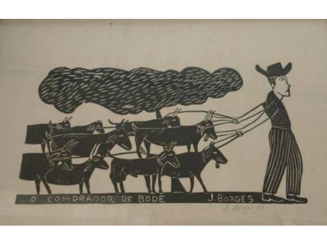 J. Borges xilogravura 48 x 64 cm intitulada "O comprador de bode" assinada CID e datada 1983