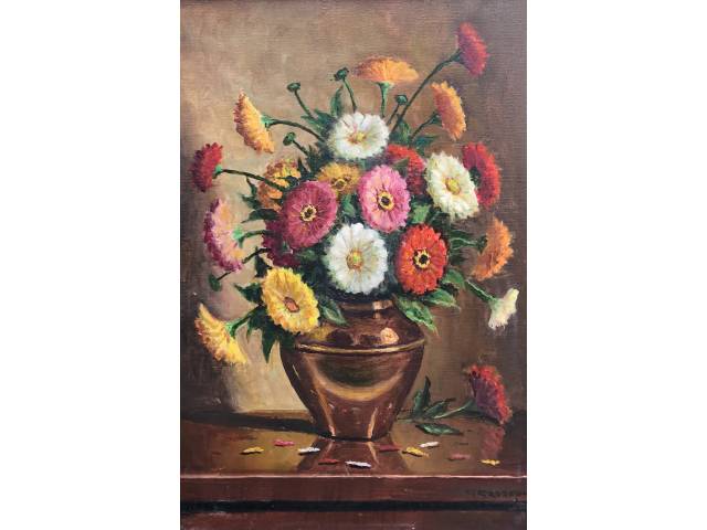 Guerino Grosso óleo sobre tela 70 x 50 cm “Zinias” assinada CID