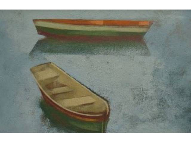Carlos Scliar vinil e colagem encerado sobre tela 37 x 56 cm "Dois Barcos" ass. CID 15/03/1983