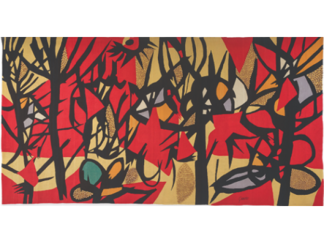 Genaro de Carvalho lã, 249 x 462 cm "Nordeste seco" 1968 - Obra intitulada Nordeste Seco, ou motivo de Coivaras (galhos secos), predominância de vermelho, fundo amarelado dourado, com contornos pretos e toques em azul, com aplicação de bolinhas em madeira Pau D’Arco. Em lã, bordada à mão na técnica Petit Point, criada pelo artista Genaro de Carvalho. Esta obra foi encomendada por volta de 1965 por Adolpho Bloch (1908-1995) para compor sua coleção de arte no prédio da Manchete concebido, em 1966, por Oscar Niemeyer (1907-2012) e para ser exposta suntuosamente no saguão de entrada deste edifício a partir de 1968. No início dos anos de 1970, Adolpho mudou esta tapeçaria para o 11° andar deste edifício, onde funcionava o gabinete que Adolpho Bloch criou para Juscelino Kubitschek (1902-1976) trabalhar e receber amigos no Rio de Janeiro. Após o falecimento de Juscelino em 1976, este gabinete se tornou o primeiro Museu JK no Brasil. Esta obra em tapeçaria está reproduzida na página 72 no livro Aspectos da Tapeçaria Brasileira de Geraldo Edson de Andrade, editado em 1977 e 1978 pela Spala Editora e Edições Funarte, Rio de Janeiro, além de mencionada em outras publicações.