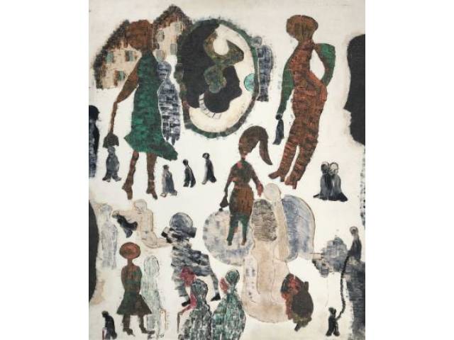 João Augusto - óleo sobre tela 80x64cm "Figuras" ass. CID ano 1975 com etiqueta a A galeria