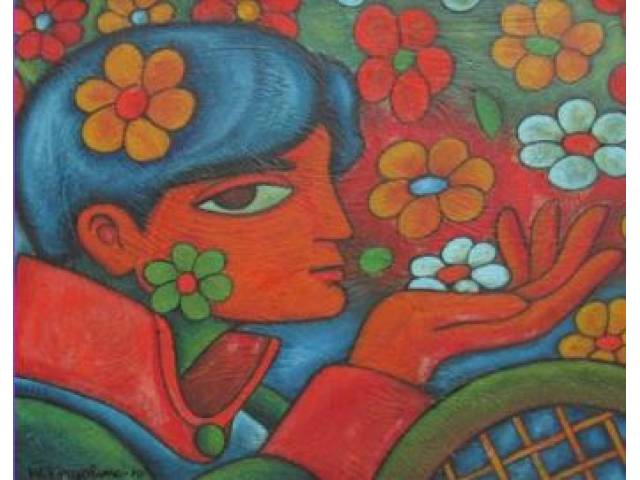 Wellington Virgolino óleo sobre eucatex 31 x 37 cm "Homem  com Flores" ass.  CIE  ano 1970
