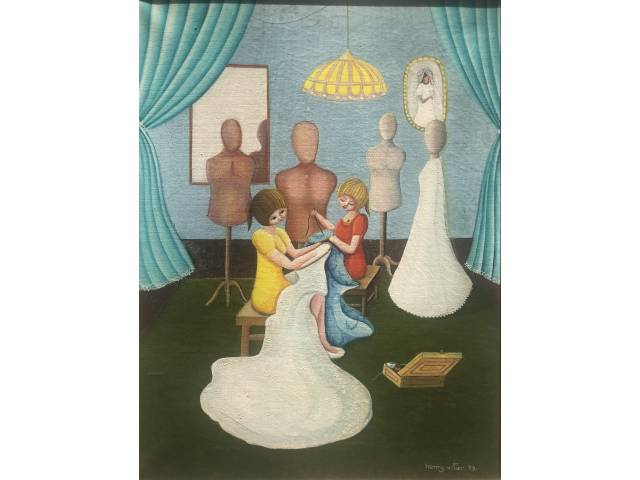 Henry Vitor óleo sobre tela 40 x 30 cm "Costureiras" assinada CIE e datada 1979