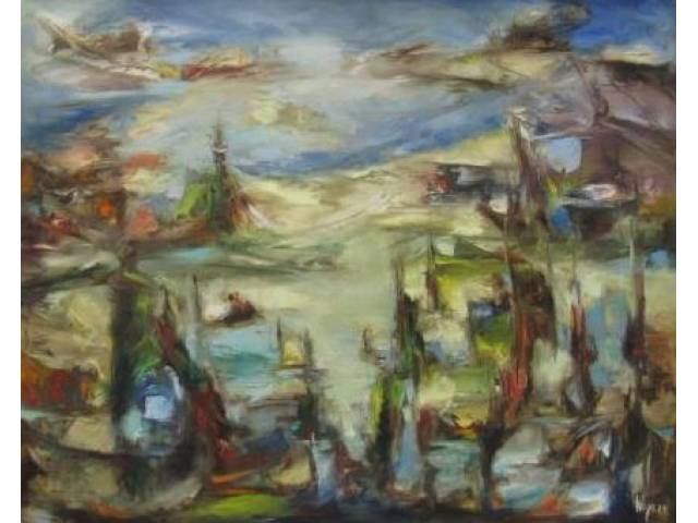 Wega Nery óleo sobre tela 80 x 100 cm "Depois do Paraiso" ass. CID e verso  ano 1985. Acompanha catálogo da exposição "Paisagens Imaginárias", realizada na galeria Subdistrito Comercial de Arte, Setembro de 1986 - "Obra reproduzida na página 186 do livro - Reflexo do Real Invisível- de Wega Nery" - Editado por Emanuel Araújo