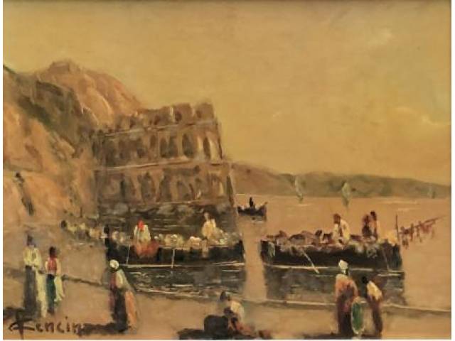 Vicenzo Cencin óleo sobre tela colada em eucatex 16 x 22 cm "Pescadores" ass. CIE 1925 Placa centro inferior