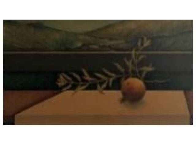 Luciano Mauricio - óleo sobre duratex 25 x 45 cm "Romã na Janela" ass. com etiqueta Dezon galeria de arte.