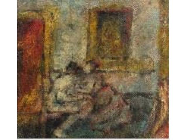 Barrica (Guilherme Clidenor de Moura Capibaribe) óleo sobre tela colada em madeira 16 x 18 cm intitulada "Namoro no escuro" assinada CID