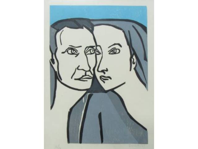 Aldo Bonadei xilografia 57 x 42 cm "Casal" ass. CID ano 1971 T. 56/80
