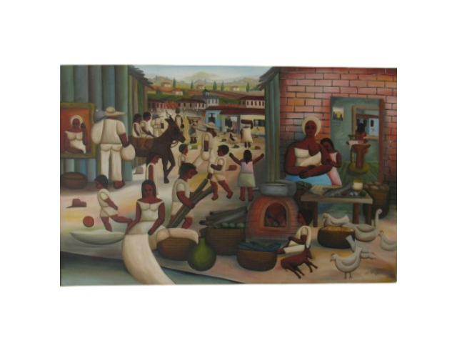Yuji Arimizu óleo sobre tela 90 x 130 cm "Feira livre" assinada CID