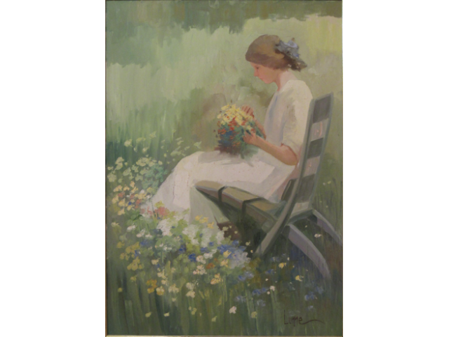 Alberto Lume óleo sobre tela 70 x 50 cm "Figura Feminina no Campo" ass. CID