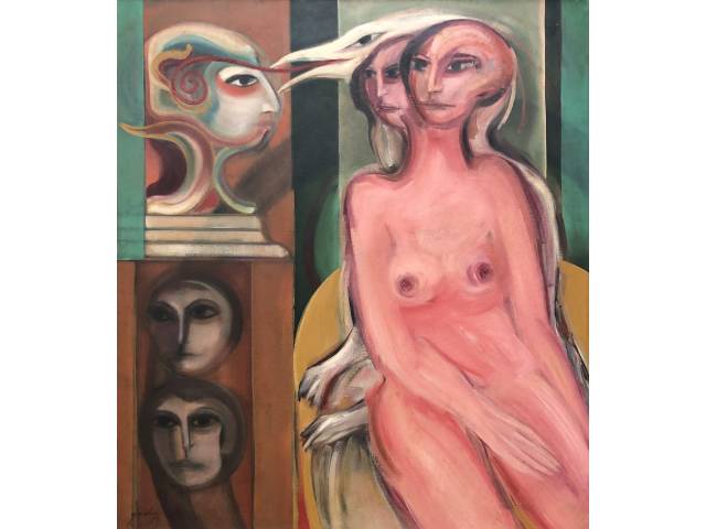 Ermelindo Nardin óleo sobre tela 110 x 95 cm “Sem titulo” assinada e datada CIE  1981. Obra participou da exposição individual do artista no MASP e está reproduzida por conta da exposição na pg. 23  do livro de Jacob Klintowitz intitulado Retratos Imaginarios de Ermelindo Nardin 1983