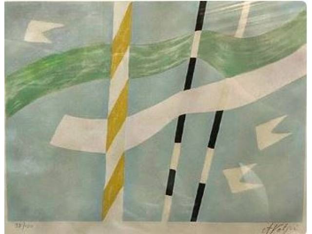 Alfredo Volpi litografia 48 x 38,5 cm "Bandeirinhas com mastro " assinada CID tiragem 93/100
