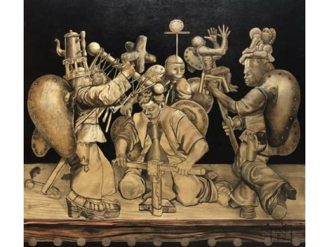 Mario Gruber - óleo sobre madeira 138 x 122 cm "Anjos da Renascença" ass. CID ano 1982