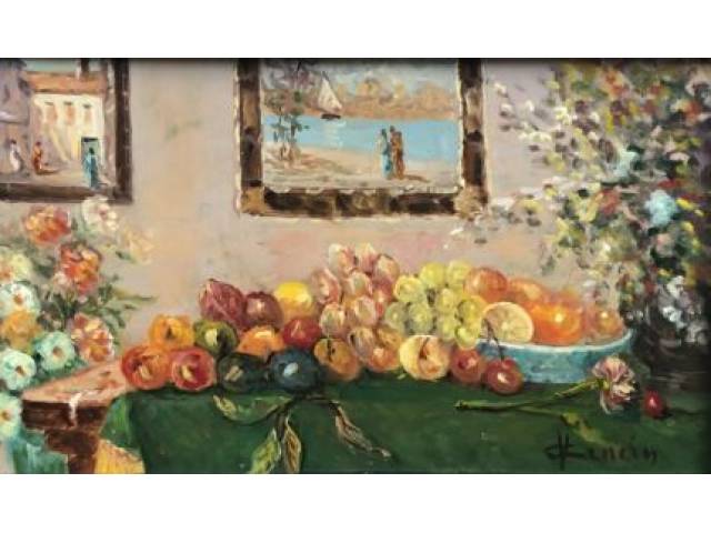 Vicenzo Cencin óleo sobre tela colada em madeira 19 x 32 cm "Frutas" ass. CID e chapa inferior centro