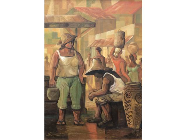 Edmundo Simas (Edmundo Luiz da Silva Simas) óleo sobre tela 70 x 50 cm intitulada "Feirantes" assinada CIE e datada 1988