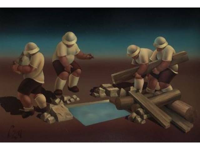 Daniel Carranza - óleo sobre eucatex 21 x 32 cm "Revelações" ass. CIE c/ etiqueta da galeria de Arte André reproduzida na pag.121 do livro Quo vadis de  Daniel Carranza