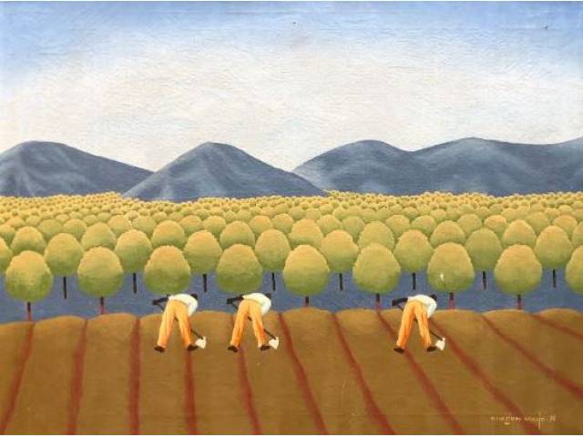 Manezinho Araujo óleo sobre tela 60 x 80 cm intitulada "A Lavoura" assinada e datada CID e verso 1974