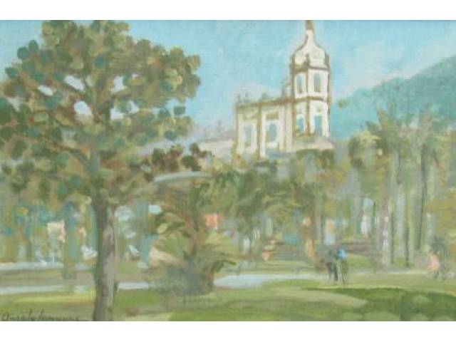 Ângelo Cannone óleo sobre madeira 18 x 28 cm "Praça e Igreja" ass. CIE