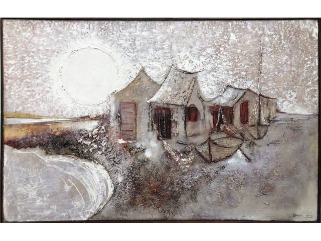 Erico da Silva técnica mista sobre tela 73 x 115 cm "Casas Beira Mar" ass. CID ano 1972