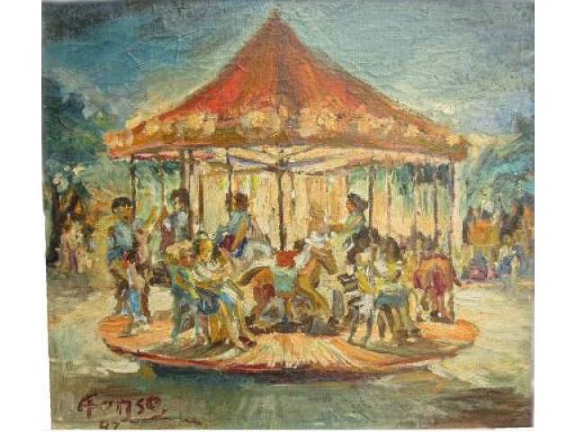 Afonso Lopes óleo sobre tela 38 x 43 cm intitulada "Carrossel" assinada CIE e datada 1947