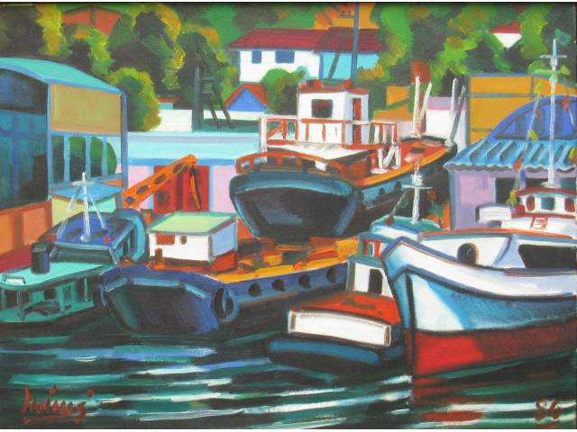 Inimá de Paula óleo sobre tela 45 x 60 cm intitulada "O Pequeno Estaleiro" Belo Horizonte - M.G. -1986 - obra reproduzida no Catalogo da Exposição da Galeria Villa Bernini- 1986 - Rio de Janeiro