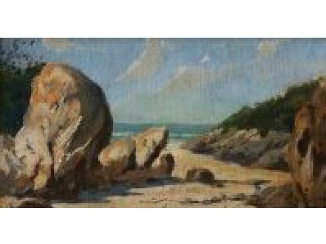 Benedito Calixto óleo sobre tela 17 x 33 cm “Marinha” ass. inferior direito 1956 - Com dedicatória de Pedrina Calixto no verso -Com laudo do Calixto Rios