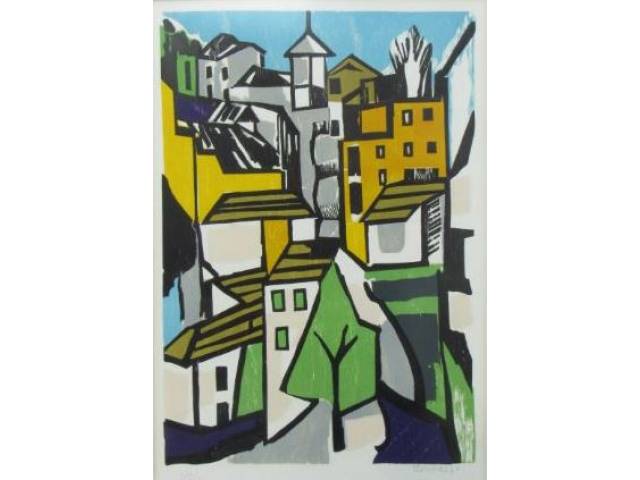 Aldo Bonadei xilogravura 55 x 40 cm "Casario" ass. CID ano 1971 T. 10/80