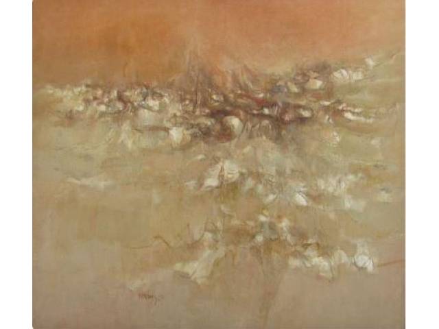 Helena Wong óleo sobre tela 87 x 98 cm "Abstrato" ass. CIE e datado 1965 com resquício de   selo  do "Museu de Arte Contemporânea da Universidade de São Paulo" no verso.