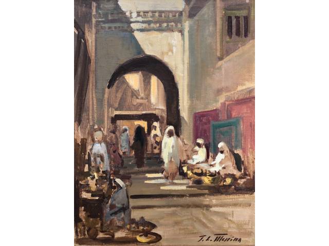 José Luiz Messina óleo sobre tela 40 x 30 cm "Rua Árabe" assinada CID com etiqueta "Galeria de Arte Academos"