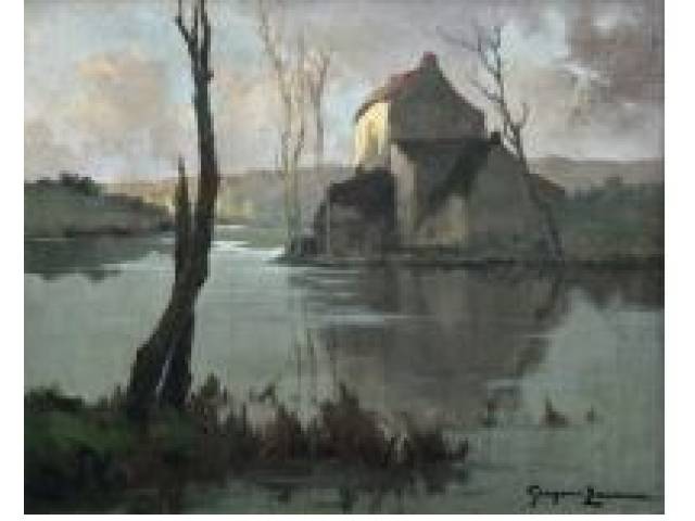 Gregoire Lavaux (Georges Grégoire Lavaux) óleo sobre compensado francês 37 x 45 cm "Paisagem lacustre europeía " assinado CID (artista citado Benezit vol. 6 pág. 490)