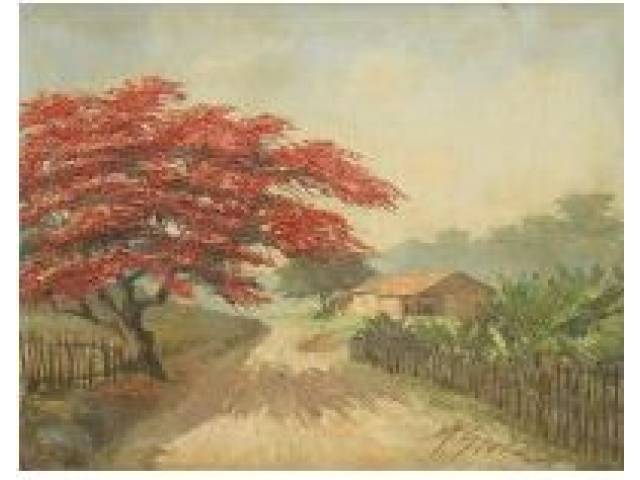 M. Giola - óleo sobre cartão 50 x 60 cm "Paisagem Rural com Flamboyant" ass. CID