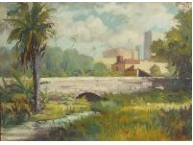 Barbosa Leite óleo sobre madeira 55 x 73 cm intitulada "Córrego Pajeú-Fortaleza" assinada e datada 1948 CSD com dizeres: "No fundo se vê o edifício onde funcionava na época a rádio Iracema" no verso