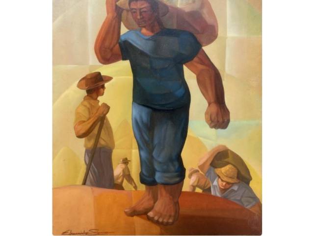 Edmundo Simas (Edmundo Luiz da Silva Simas) óleo sobre tela 70 x 50 cm intitulada "trabalhadores" assinada CIE e datada 1988. Sem moldura.