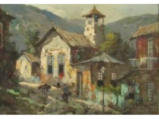 Durval Pereira óleo sobre eucatex  30 x 45  cm “Casario ” ass. CID  e datado 1970