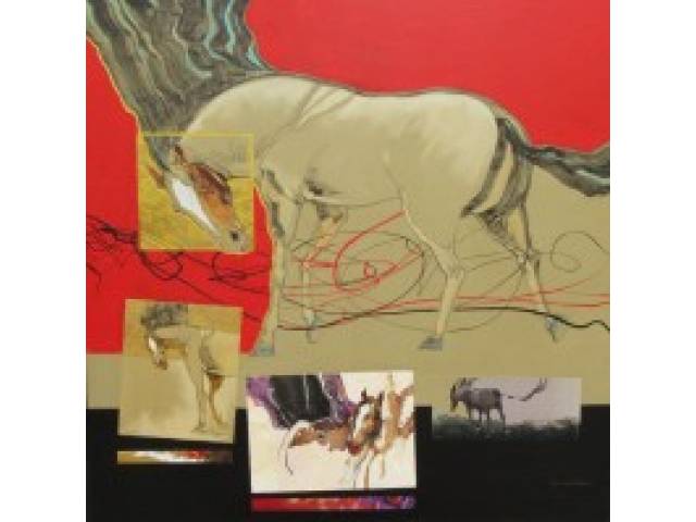 Otoni Gali Rosa técnica mista colagem sobre tela 90 x 90 cm  intitulado “Cavalo Valente” assinada  e datada Centro 2023