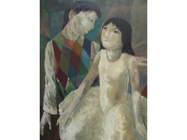 Harry Elsas óleo sobre madeira 85x 70 cm "Casal de Pierrot e Colombina" ass. CIE ano 1974