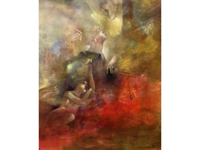 Adriana Garibaldi acrílica  sobre tela 1,50 x 1,26 cm intitulada  "A espera  e o Tempo 2" assinada e datada CID e verso ano 1993