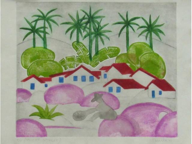 Tarsila do Amaral gravura em metal/água forte 34,5 x 42 cm "O Pescador"   no CIE se encontra a sigla VT(Variante de Tiragem) ass CID (Tarsila) e datada 1970 obra acompanha certificado de autenticidade emitido pela própria impressora na época, com detalhamento Maria Del Carmen Perez. sem moldura