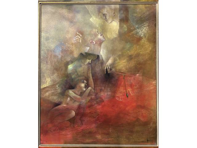 Adriana Garibaldi acrílica  sobre tela 1,50 x 1,26 cm intitulada  "A espera  e o Tempo 2" assinada e datada CID e verso ano 1993