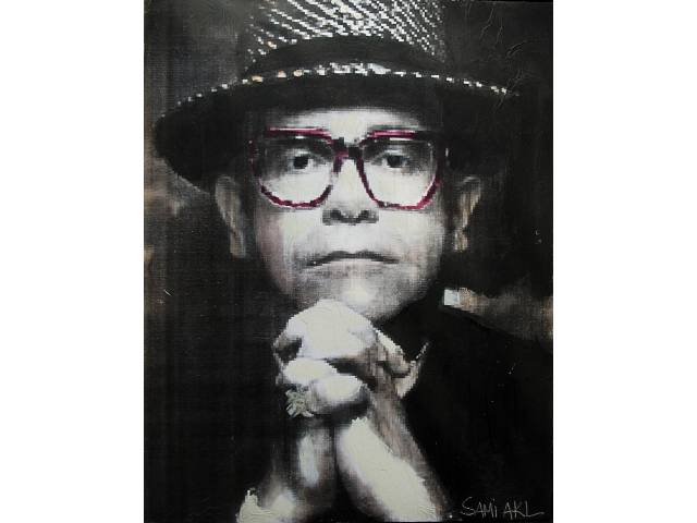 Sami Akl tecnica mista sobre madeira  1,15 x 90 cm'' Retrato de Elthon John '' assinada CID