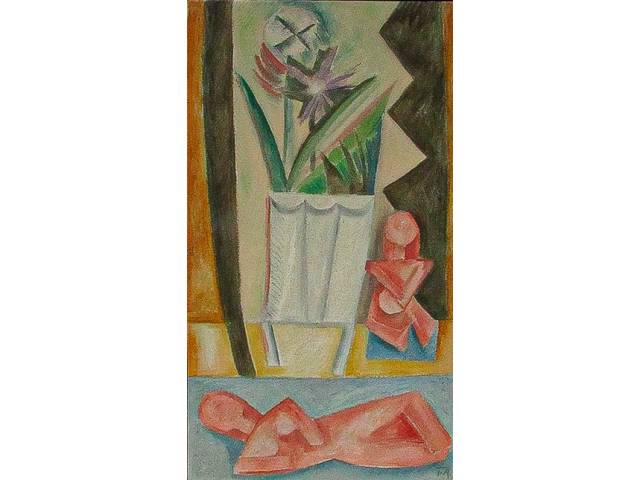 Tito Alencastro óleo sobre tela 70 x 40 cm "Vaso e pessoas" assinada CID
