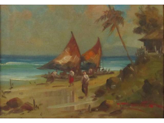 Francisco Cea óleo sobre tela 19 x 70 cm "Jangadeiros Cearenses" ass. CID e verso 1982 com selo da Galeria San Marco