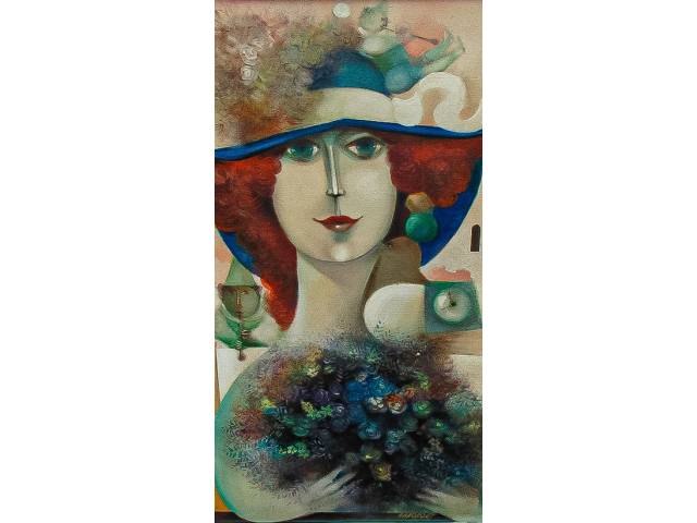 Alexandre Rapoport óleo sobre tela 70 x 35 cm intitulada "A moça do chapéu azul" assinada verso